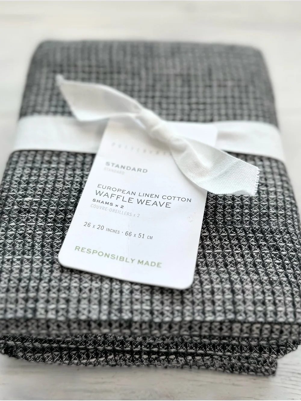 2 NEW Pottery Barn WAFFLE Weave European Linen STANDARD Pillow SHAMS Ebony Gray